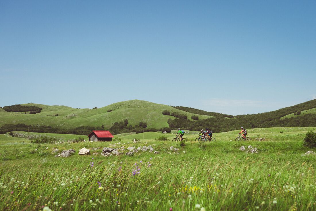 Travellers in gear cycling Durmitor National Park in Montenegro