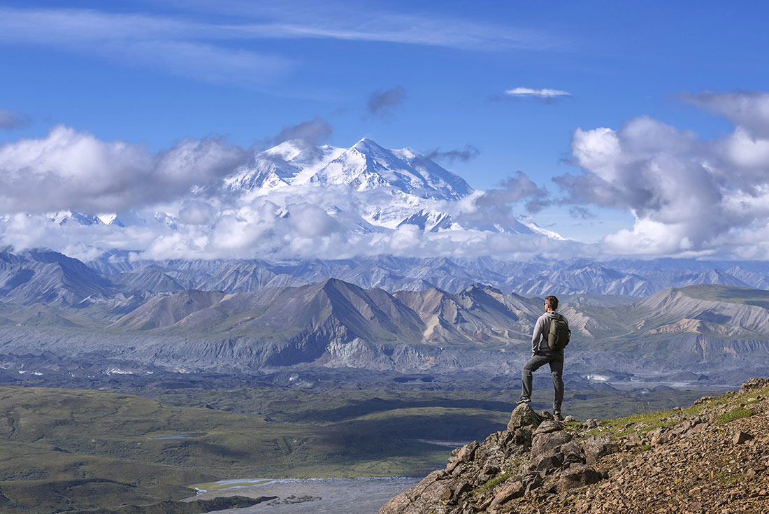 SAXD - Hiker in front of mountains in Denali National Park, Alaska 