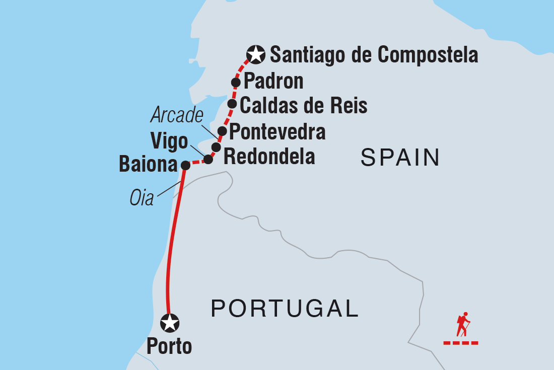 Map of Walk The Portuguese Camino including Portugal and Spain