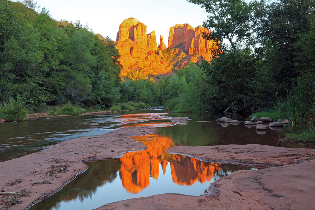Cathedral Rocks, seen in the reflected waters of Oak Creek