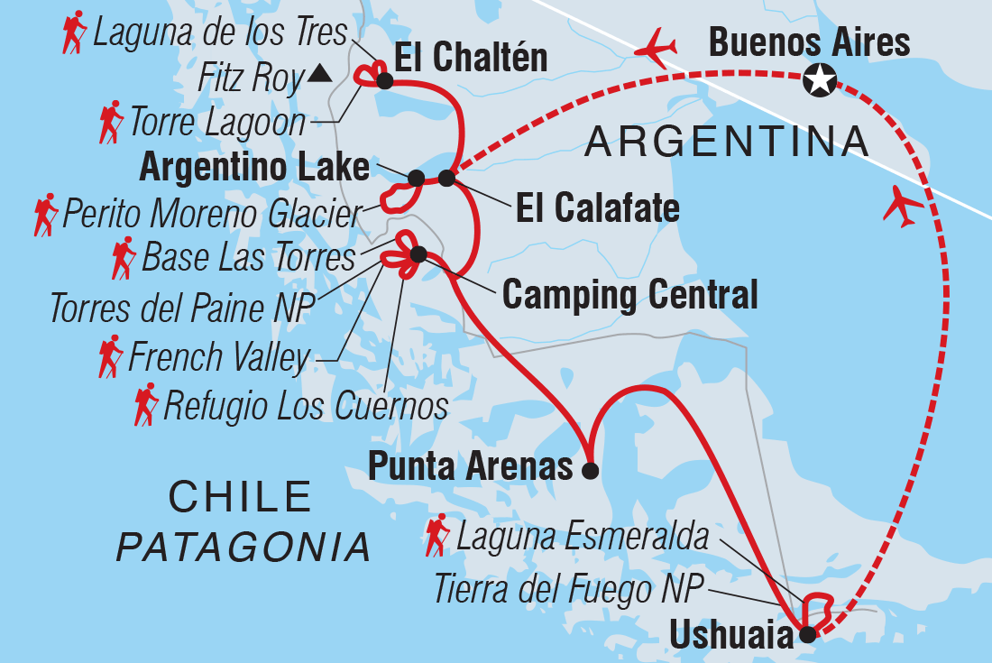 Map of Patagonia Hiking Adventure including Argentina and Chile